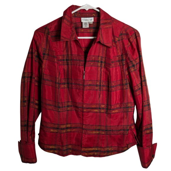 Coldwater Creek Women's Silk Red Gold Metallic Plaid Top Zip Front Petite Medium - Picture 1 of 16